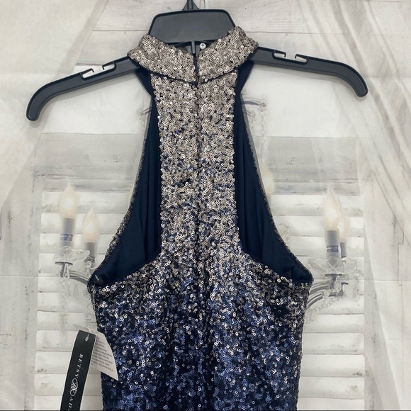 Betsy & Adam Size 2 Long Dress Gown Ombre Sequins Mock Neck Sleeveless Blue - Picture 12 of 14